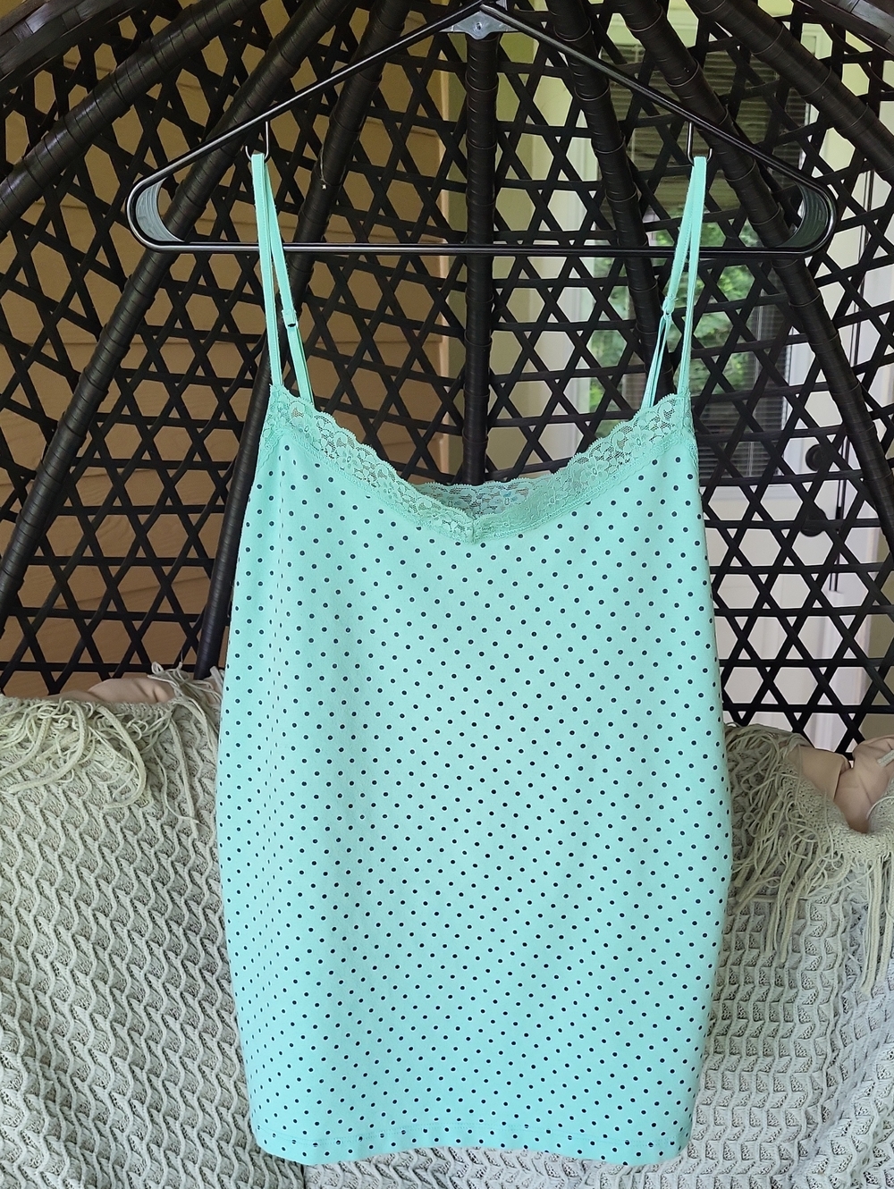 Y2K Mint & Polka Dot Lace Trim Tank
